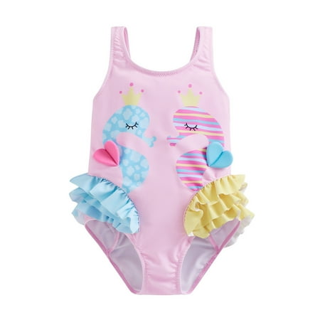 

Huakaishijie Kids Girls Summer Swimsuit Beachwear Cartoon Print Ruffled Sleeveless Round Neck Swimwear