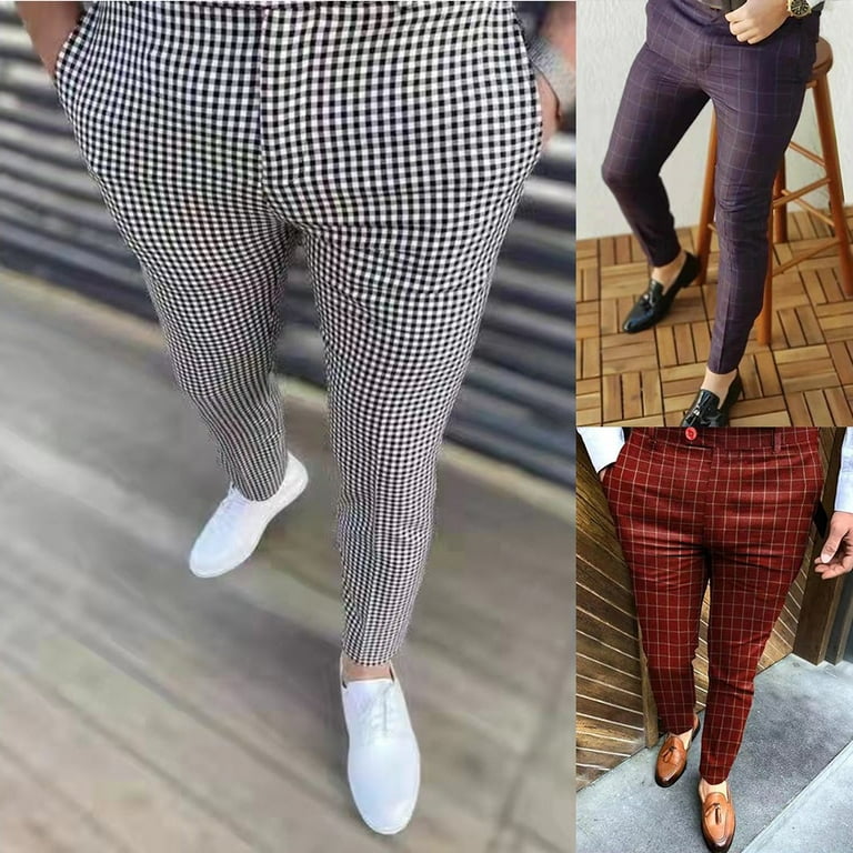 Mens Slim Plaid Checkered Pants Stretch Casual Work Pants Trousers