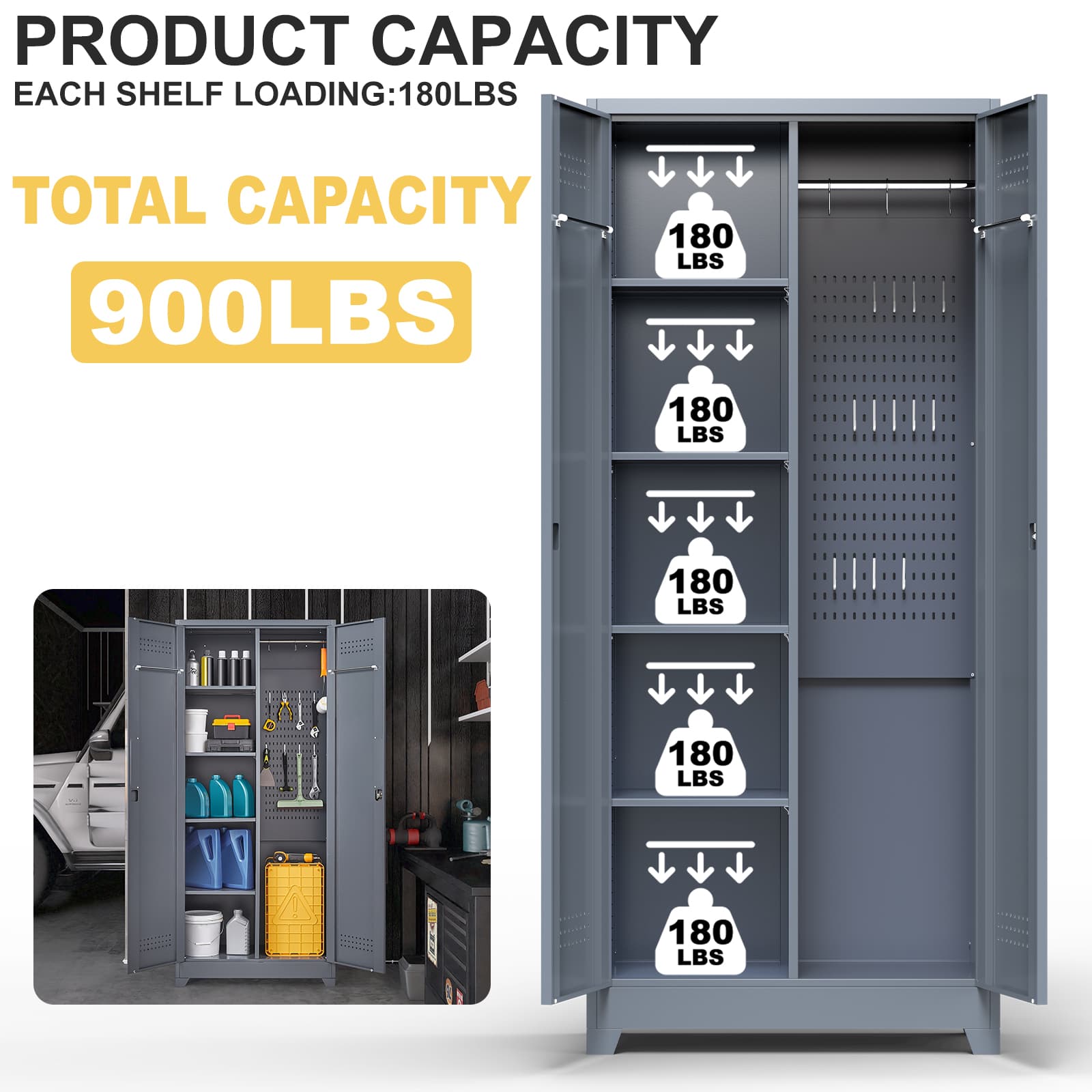 Aukfa 72" Metal Garage Storage Cabinets, Lockable Broom Closet Storage Cabinet with Shelves for Basement/Office/Laundry Room, Gray