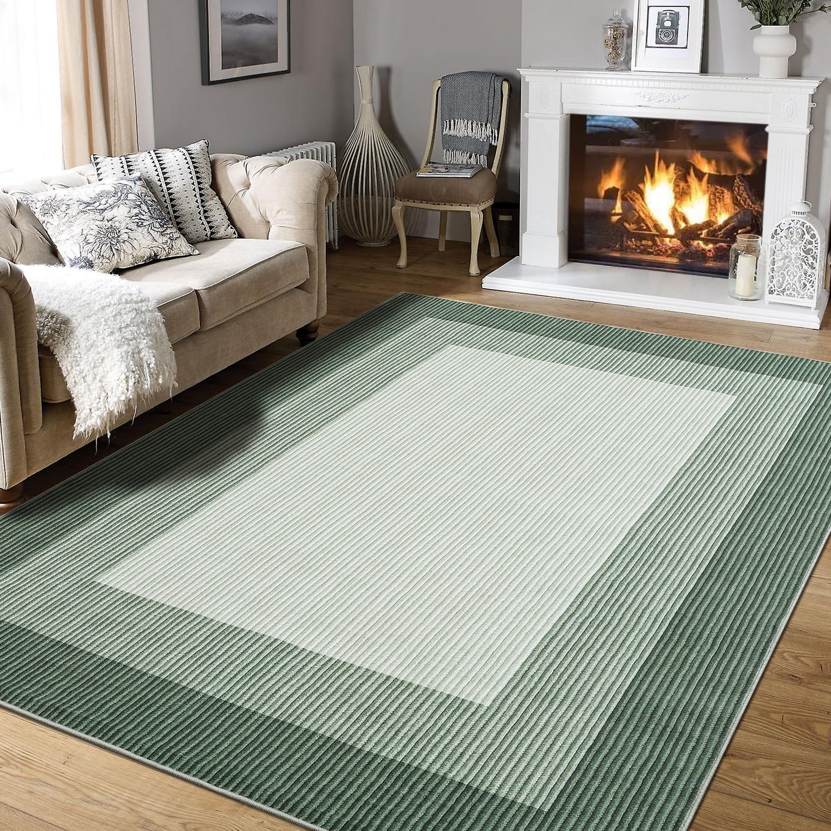Hasoo Washable 8' x 10' Area Rug for Living Room Non Slip Bedroom Rug Bordered Textured Neutral Accent Carpet Green