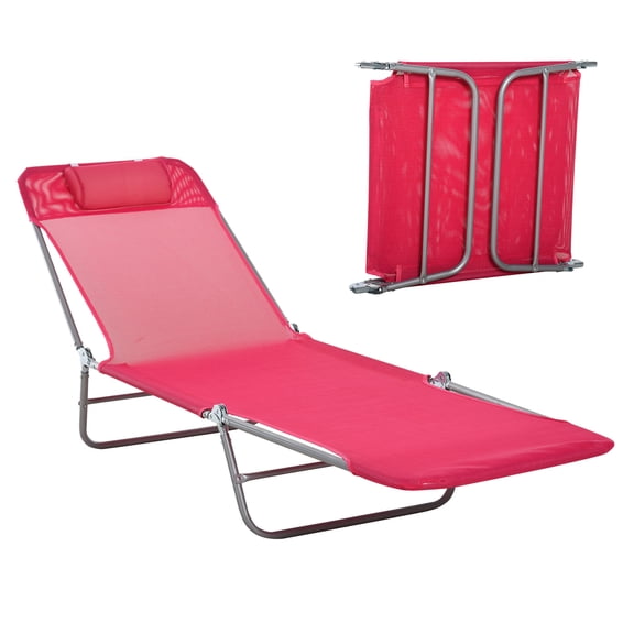 Folding Chaise Lounge Chair,Outdoor Pool Sun Tanning Chairs with Reclining Back,Breathable Mesh Seat,Headrest for Beach,Yard,Patio,Pink