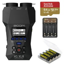 Zoom H1 XLR 32-Bit Float Handy Recorder, Bundle with 64GB Memory Card, 4x AA NiMH Batteries - GX-CH-AA4 4-Bay Charger