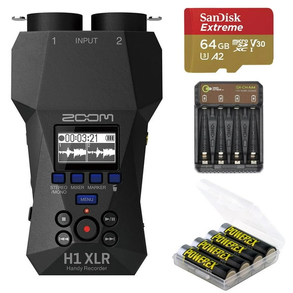 Zoom H1 XLR 32-Bit Float Handy Recorder, Bundle with 64GB Memory Card, 4x AA NiMH Batteries - GX-CH-AA4 4-Bay Charger