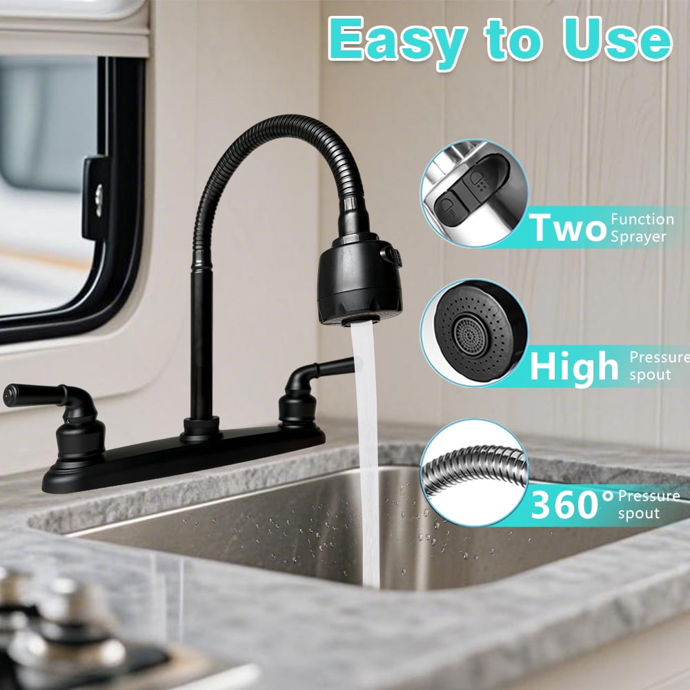 RV Kitchen Faucet, Non-Metallic Camper Kitchen Sink Faucet 8 Inch 2 Hole Double Handles with Flexible Arch 360 Degree Rotatable Spout for Campers, Motorhome, Travel Trailer, Black