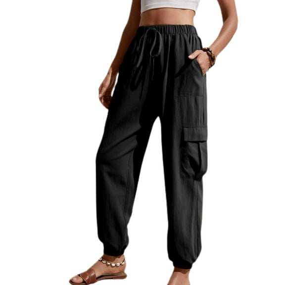 Defitshape Women's Casual Cargo Pants Long Pants Winter Elastic Waist Pocket Mid Rise with Pockets Black Large