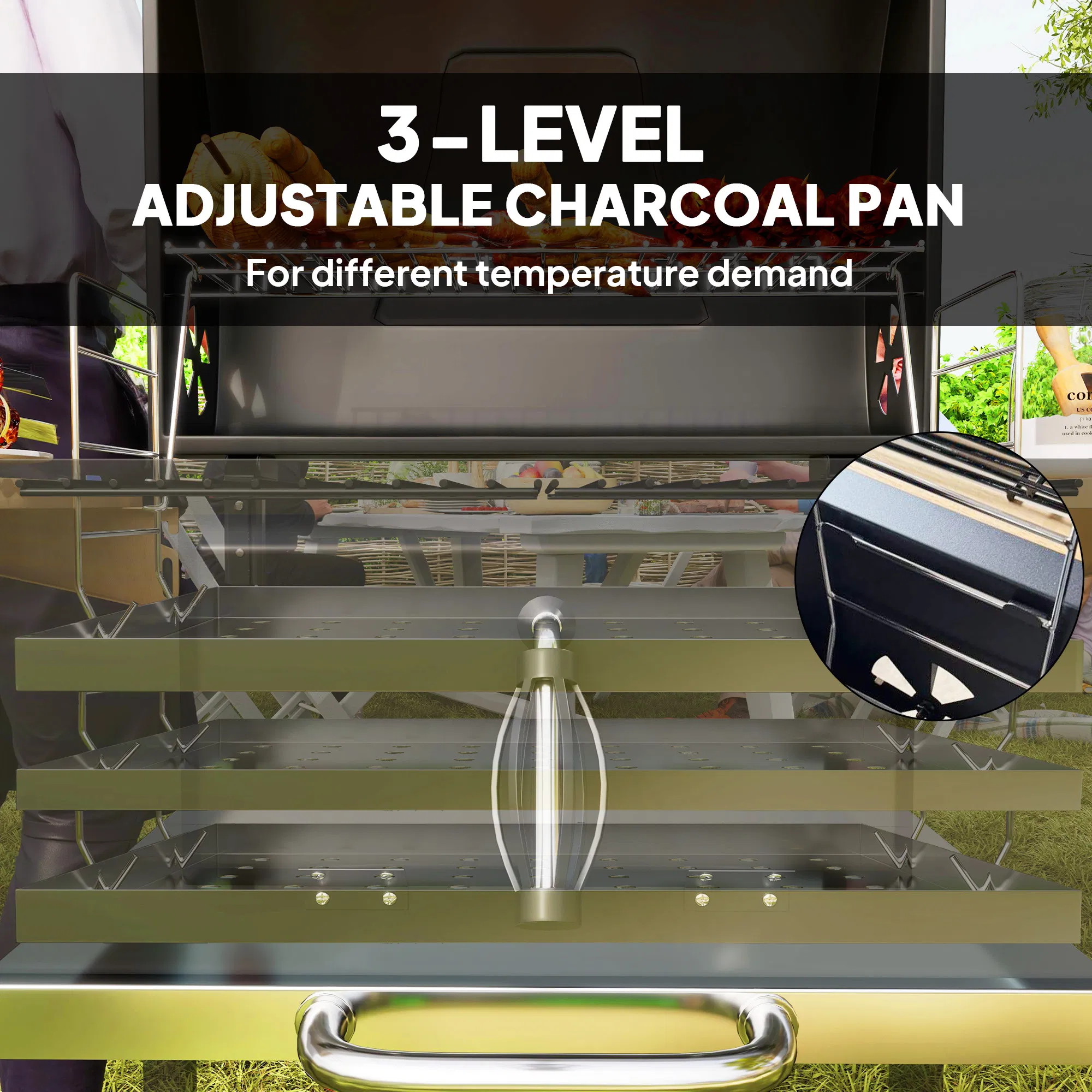 Charcoal BBQ Grill 245 Sq.In. Cooking Area, Outdoor Barbecue Grill with Adjustable Charcoal Pan, 3 Shelves, Thermometer & Wheels, Black for Patio Backyard Picnic