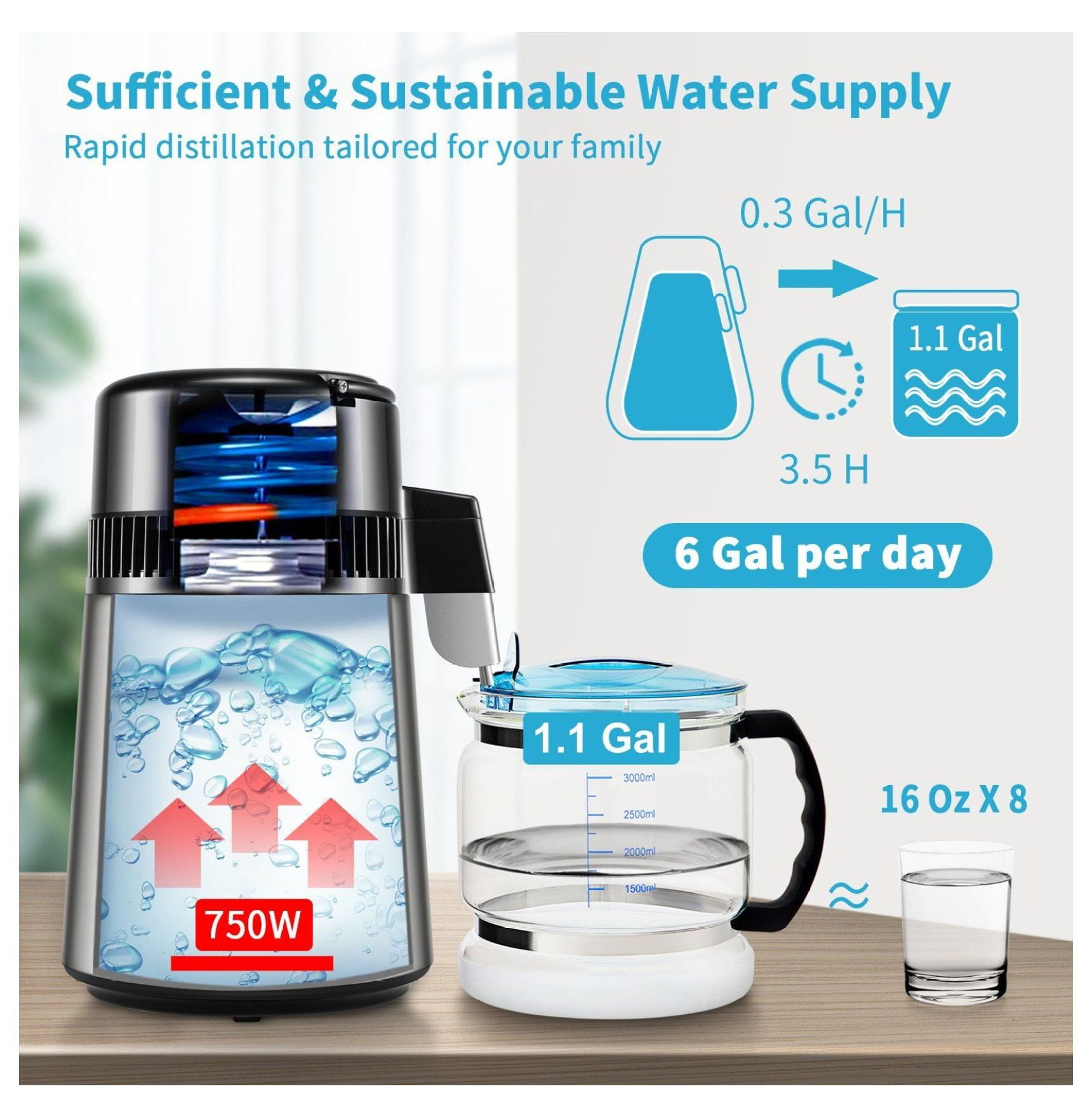 1.1 Gal Water Distiller, 750W Distilled Water Machine, 0.3 Gal/H, Temp Control, Stainless Steel, Glass Carafe, with Cleaning Powder & Carbon Filters