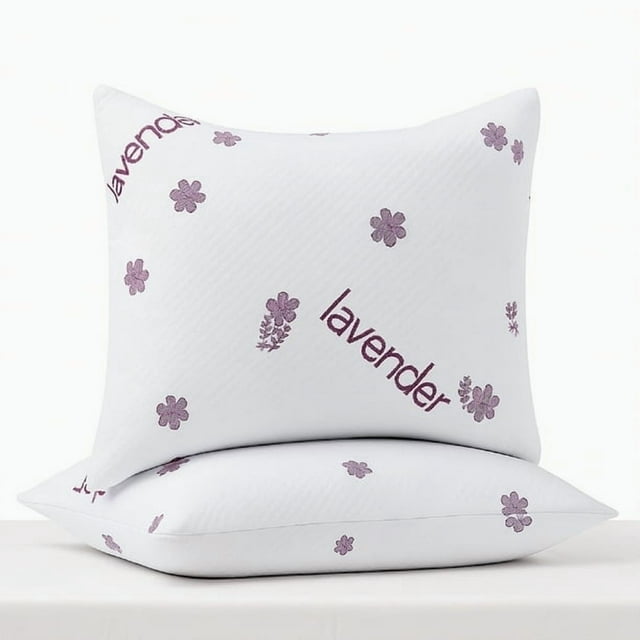 Queen size Beddora cooling lavender memory foam pillows with shredded gel filling, featuring purple floral designs and text for neck and back support.