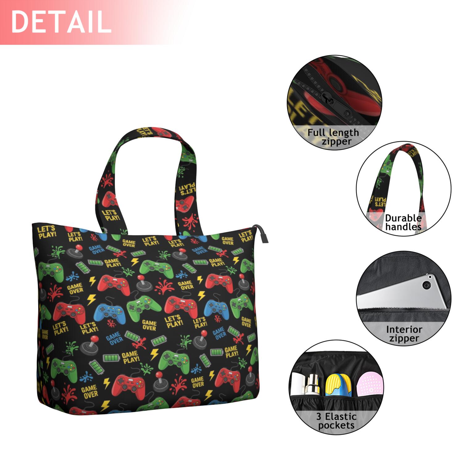 Green Red Controllers Games Icons Black Pattern Travel Tote Bags for Women Carry On,Large Weekender Bags for Women Travel,Multi Functional Duffle Bag for Work,Shopping,Sports