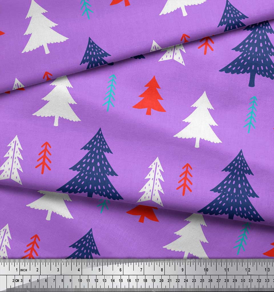 Soimoi Purple Cotton Voile Fabric Christmas Tree Print Fabric by the Yard 56 Inch Wide