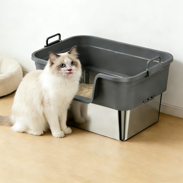 Multi Cat Litter Pan XL Premium Stainless Steel Enclosed Cat Litter Box  With Lid - Extra Large Metal Litter Box For Big Cats & Multi-Cat Homes