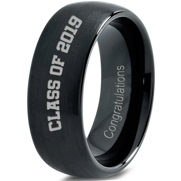 Tungsten Congrats Grad Class Of 2019 Engraved Band Ring 8mm Men Women Comfort Fit Black Dome Brushed Polished