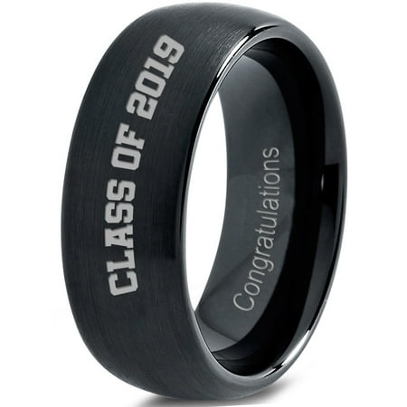 Tungsten Congrats Grad Class Of 2019 Engraved Band Ring 8mm Men Women Comfort Fit Black Dome Brushed