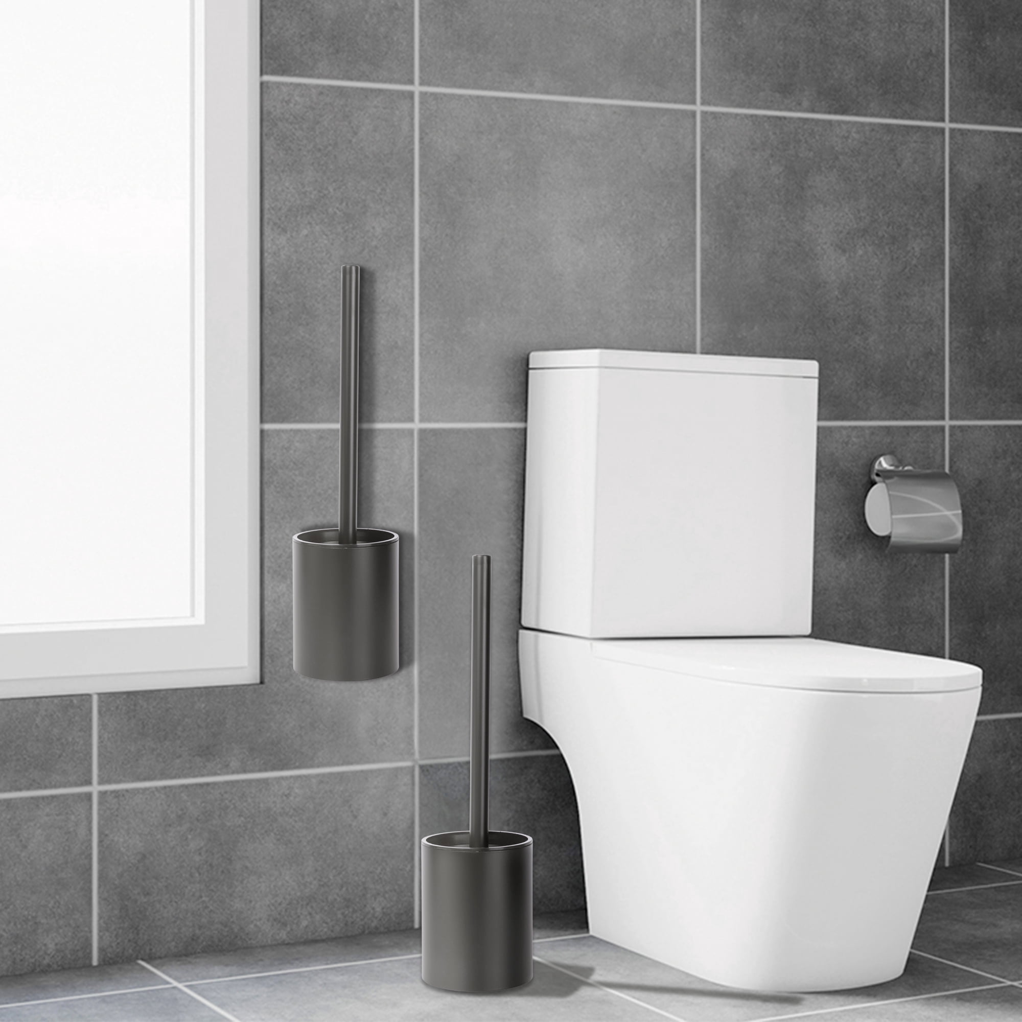 Unique Bargains Stainless Steel Toilet Bowl Brush and Holder Wall Mounted Gray
