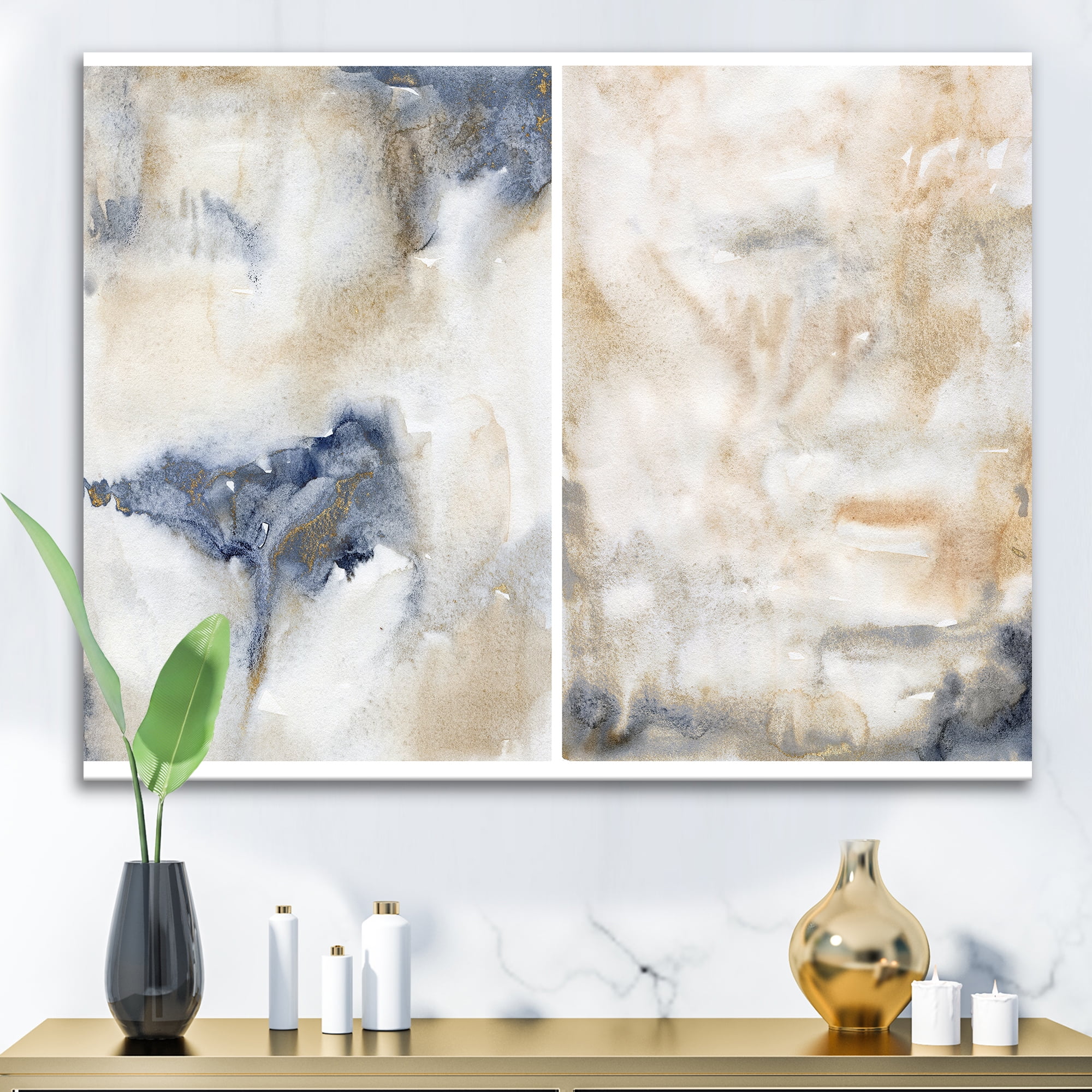 Designart ' Abstract Gold Beige Pink and Dark Pastel Strokes ' Modern Canvas Wall Art Print
