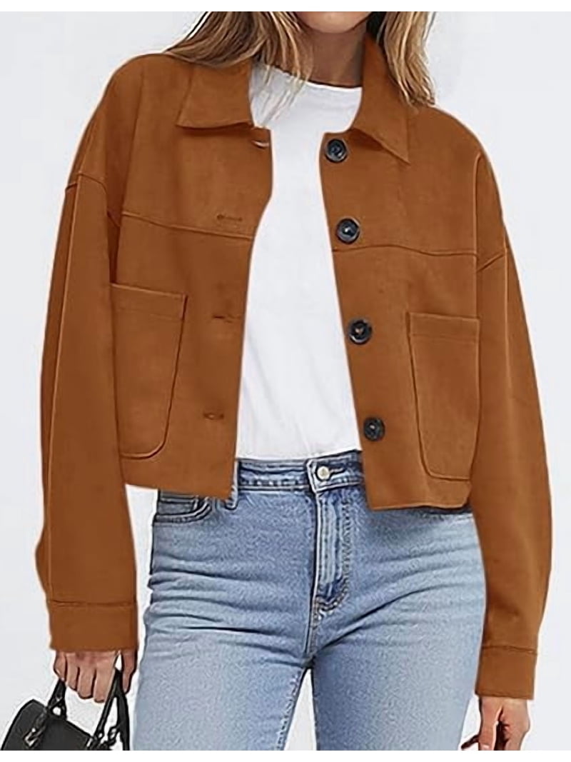 PRETTYGARDEN Women's Faux Suede Cropped Jacket Casual Fall Fashion