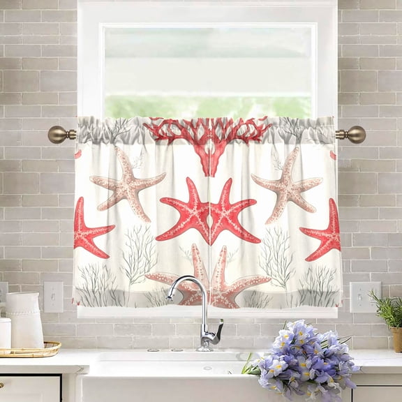 Yayeee Kitchen Curtains Tier Pair Light Filtering 27"x36" Rod Pocket Short Cafe Window Panel, Brown Starfish