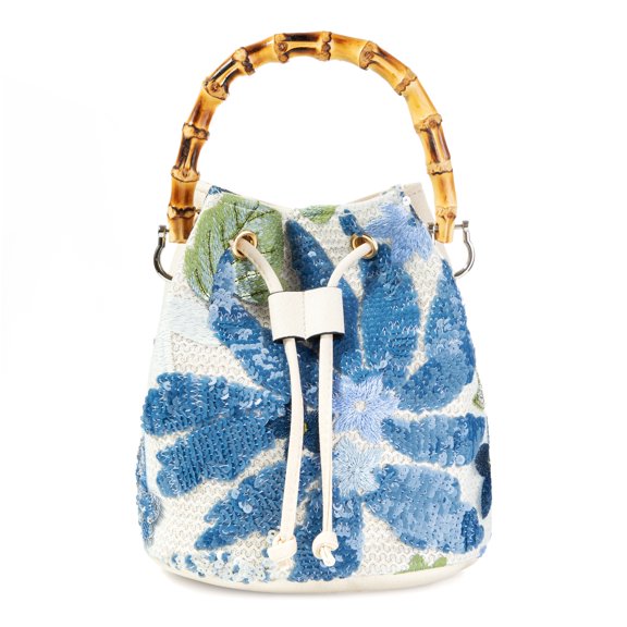 YIFEI Bamboo Handle Sequin Blue Floral Embroidered Bucket Handbag with Detachable Strap Evening Bag
