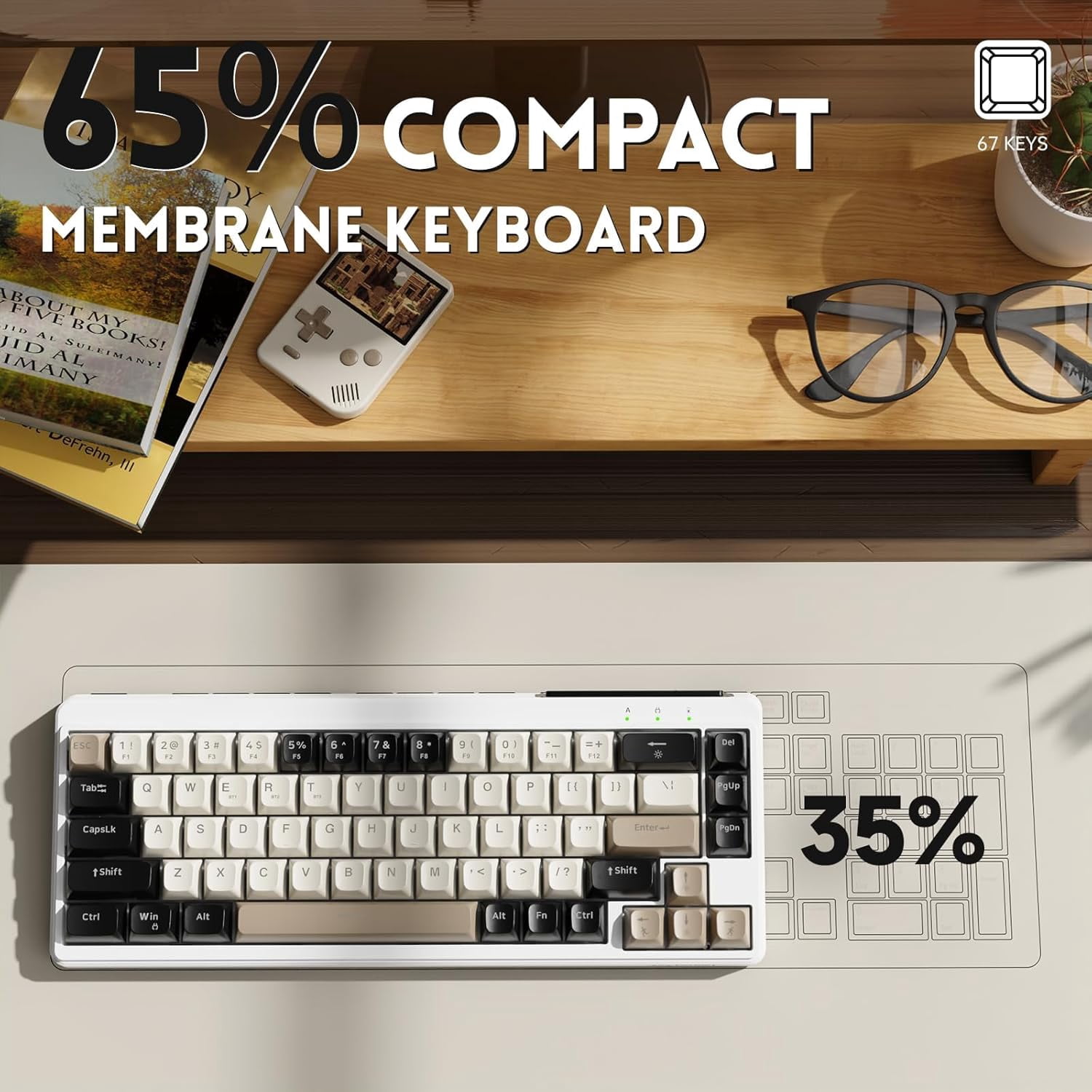 ZIYOULANG M68 65% Wireless Gaming Keyboard, QWERTY Layout, BT/2.4G/Wired Silent Membrane Keyboard, Rainbow Backlit 67 Keys PBT Keycaps, 2000mAh Portable for Gamer/Office-Creamy