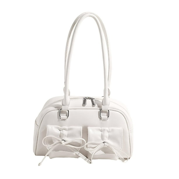 Bolso de hombro de piel sintética para mujer, con lazo y cierre de cremallera, informal, de color liso Blanco