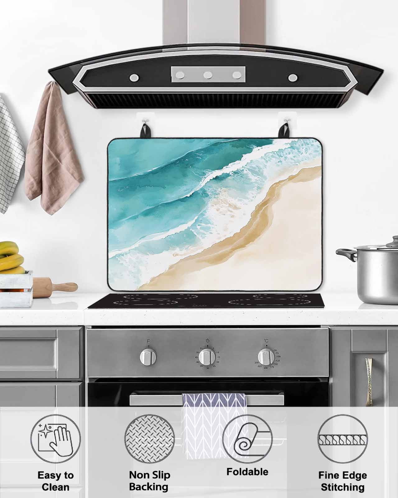 nqOlkjepod Large Induction Cooktop Protector Mat 24"x21", Teal Waves Coastal Stove Top Covers for Electric Stove, Summer Beach Nautical Ocean Stove Burner Cover Mats, Glass Top Stove Cover