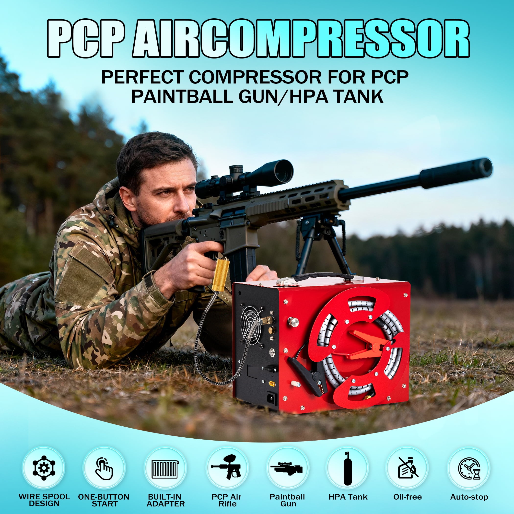 PCP Air Compressor, 4500Psi/30Mpa, Unique Wire Spool Portable Design, Auto-Stop, Oil/Water-Free, 8MM Quick-Connector, 110V AC or 12V Car Battery