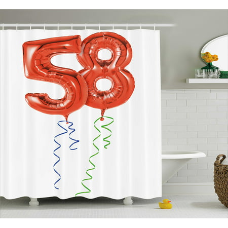 58th Birthday Decorations Shower Curtain, Getting Older Best Wishes Balloons Party Day Anniversary Picture, Fabric Bathroom Set with Hooks, 69W X 84L Inches Extra Long, Red White, by