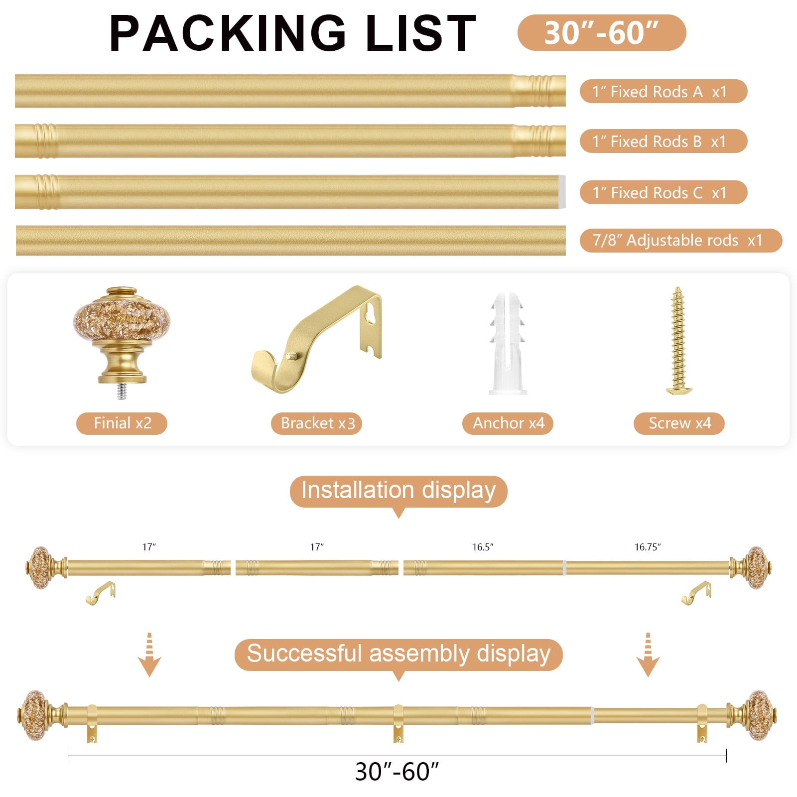OLV Curtain Rods 30-60" Heavy Duty with Vintage Foil Crystal Finials,Gold