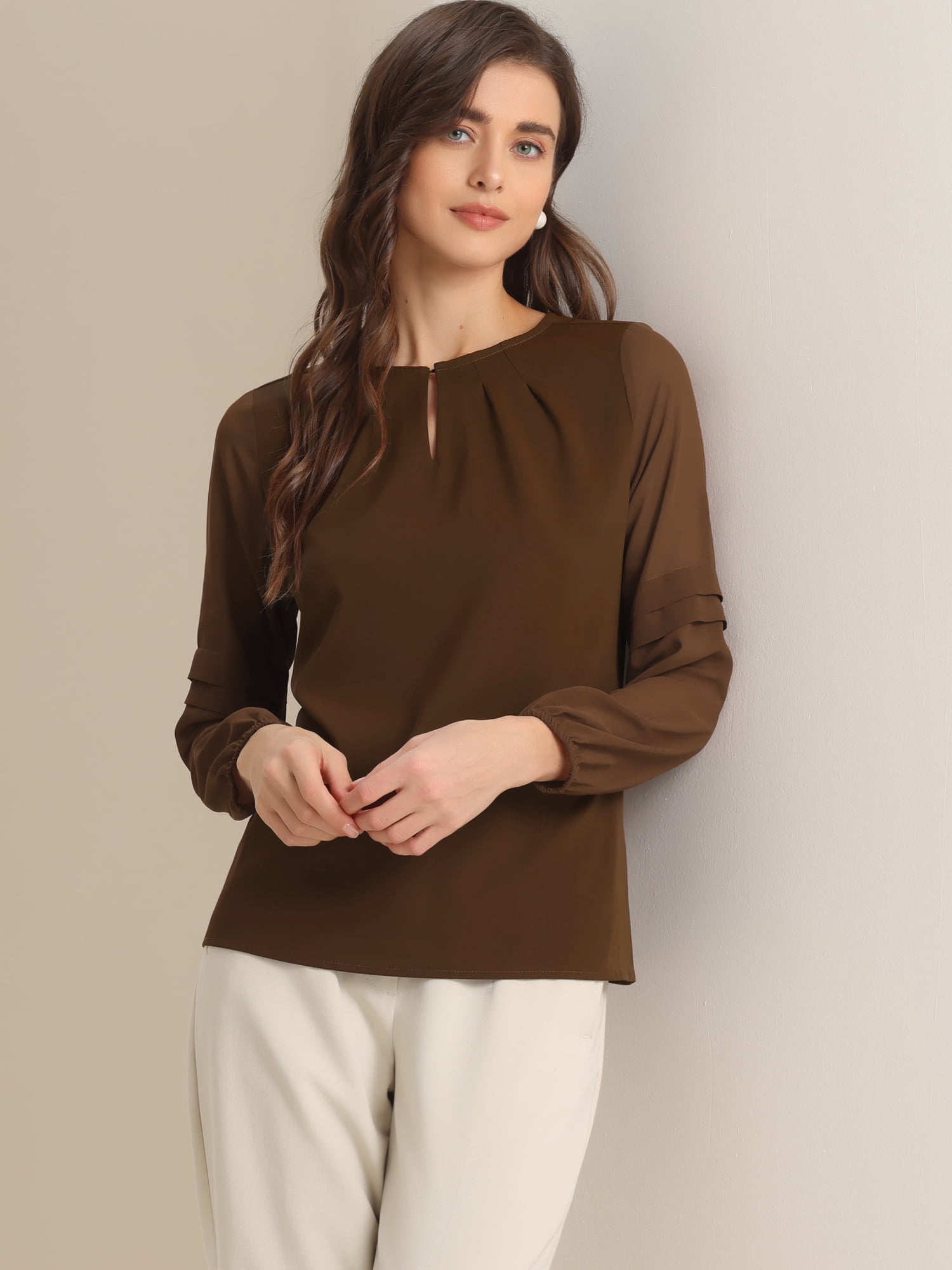 DARING DIVA Chiffon Semi Sheer Long Sleeves Keyhole Neck Blouse XS Dark Brown