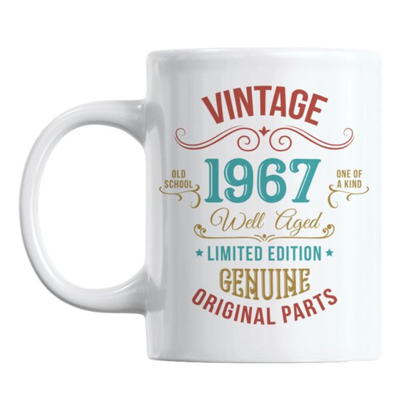 Vintage 1967, Well Aged, Birthday Year White Ceramic Coffee & Tea Mug (11oz)