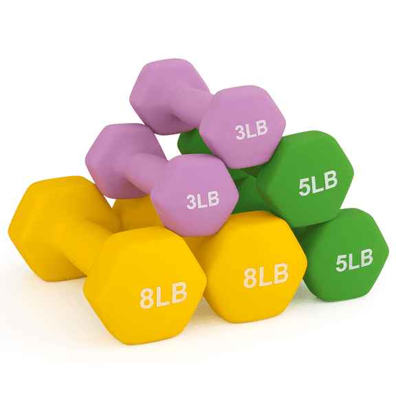 MADOG Set of 6 Neoprene Coated Dumbbells Set, 3lb/5lb/8lb Hand Weights Anti-Roll Non-Slip with Smooth Grip, Purple/Green/Yellow