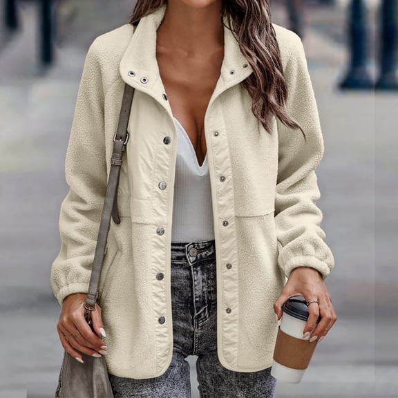 Baqcunre Womens Winter Coats Women's Solid Color Fashion Casual Button Long Sleeve Pocket Fleece Coat Fleece Jacket Fall Outfits Beige L
