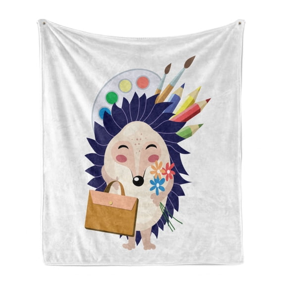 Hedgehog Soft Flannel Fleece Throw Blanket, Educational Concept School Boy Hedgehog Carrying Crayons and Watercolor Palette, Cozy Plush for Indoor and Outdoor Use, 50" x 60", Multicolor, by Ambesonne