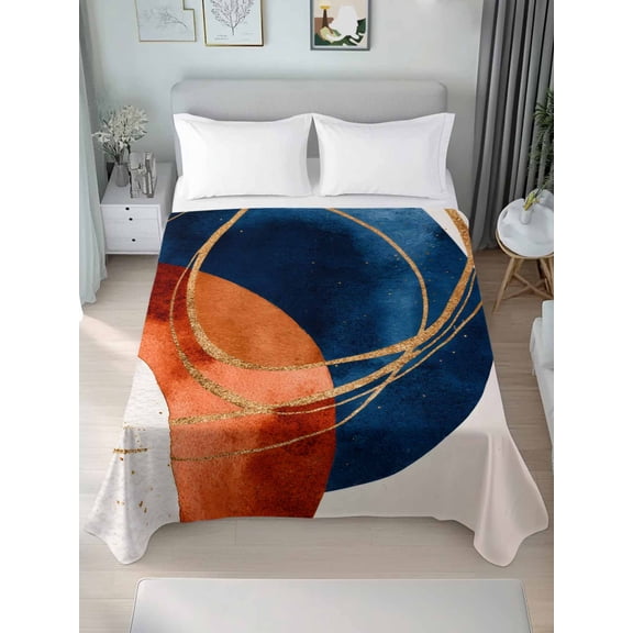 Navy Blue Burnt Orange King Size Flat Sheet, Wrinkleproof & Fadeproof Cooling Flat Bed Sheet Only, Boho Art Modern Geometric Breathable Soft Bedding Top Sheets 105 x 98 Inches
