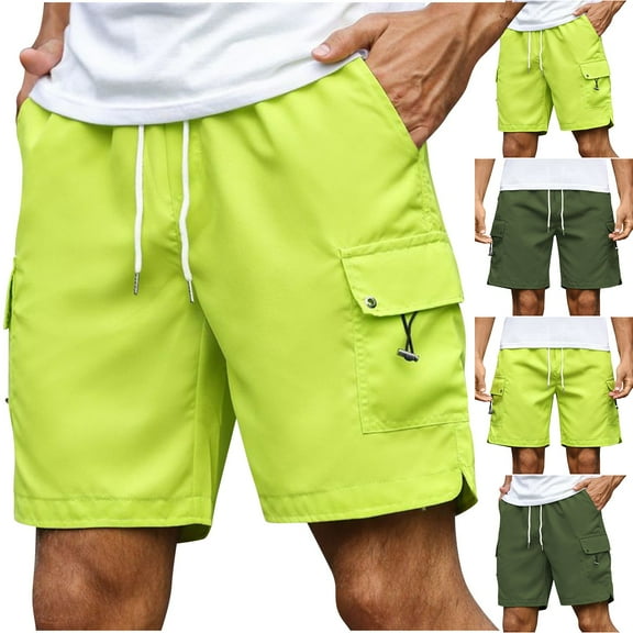 RYDCOT Men's Casual Elastic Waist Cargo Shorts Multi-Pockets Cotton Shorts with Drawstring Green