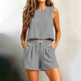 thumbnail image 2 of Lyrcatrment Shorts Sets for Women 2pc Cotton Linen Outfits Summer Tank Tops Round Neck Matching Set Trendy Casual Outfits Womens Clothing(Large,Gray), 2 of 9