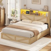 AOGLLATI Queen Size Bed Frame with Storage Drawers & Rattan Headboard - Boho LED Platform Bed with Charging Station, No Box Spring Needed
