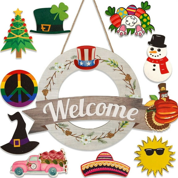 Acahhotxx Welcome Door Sign Christmas Decors Seasonal Front Door Wood Welcome Sign with Interchangeable Farmhouses Wall Hangings