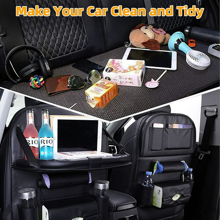 PU Leather Car Seat Organizer with Foldable Table Tray Backseat Car  Organizer For Babies Toys Storage Black 