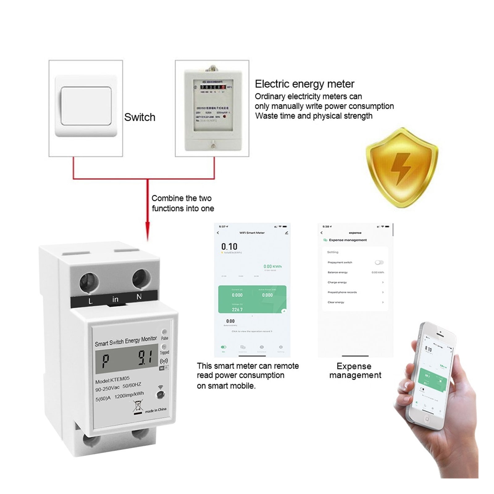 Din Rail WIFI Tuya Smart Energy Power Meter KWH Voltmeter Ammeter Smart Life Wattmeter Remote Switch Control Monitor ,Overload Protection