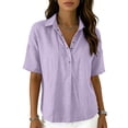 thumbnail image 4 of Women's Button Down Collared Shirt Short Sleeve Linen Blend Casual Loose Fit V Neck Summer Work Blouse Top 02-Light Purple XL, 4 of 5