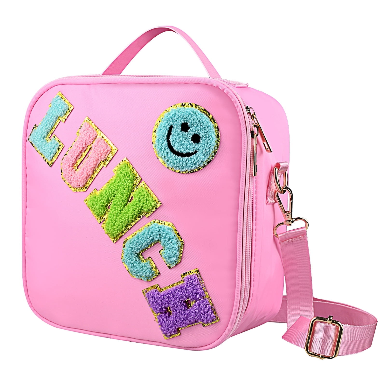 Smiley Nylon Insulated Lunch Bag with Adjustable Shoulder Strap, Preppy Lunch Bag, Reusable School Girls Preppy Lunch Box, Kids Lunchbox, Lunch Box for Women