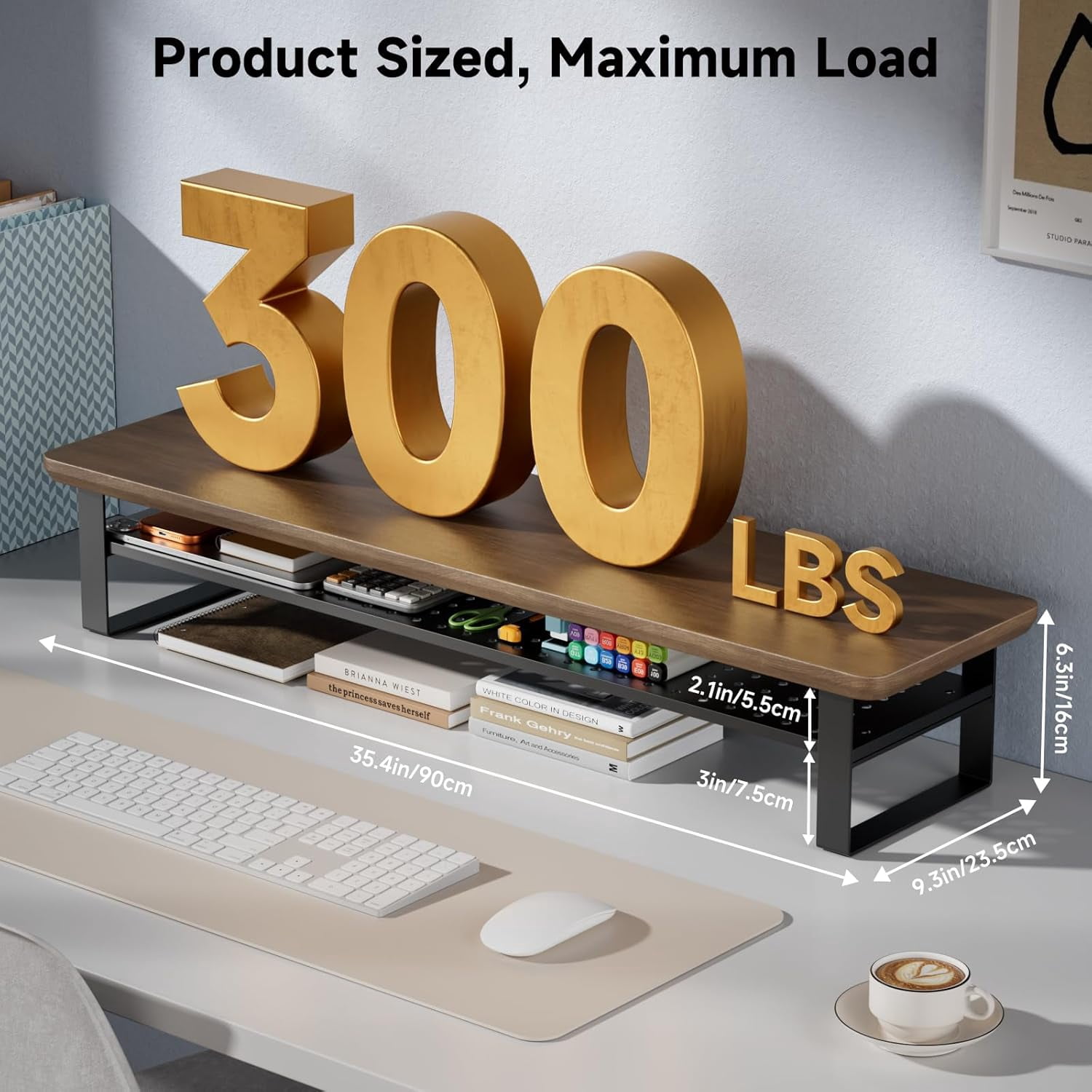 Dual Monitor Stand Riser with Storage, 35.4 Inch Wood Desk Shelf for 2 Monitors Laptop TV Organizer, Ergonomic Computer Stand Black Walnut
