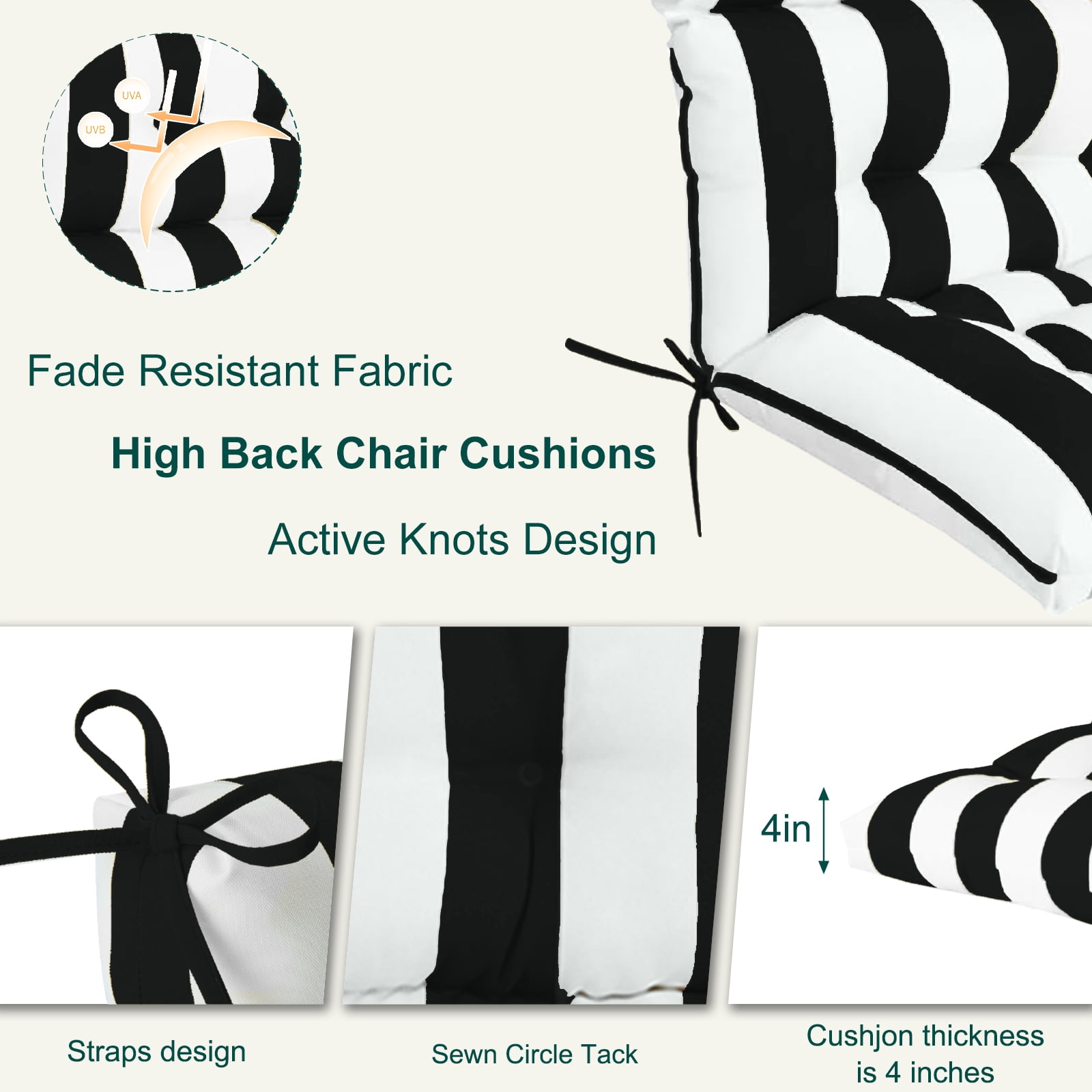 XXLYY Outdoor High Back Chair Cushions 2-Pack, 44”x22”x4” Waterproof Fade-Resistant Cushions with Ties for Adirondack & Rocking Chairs