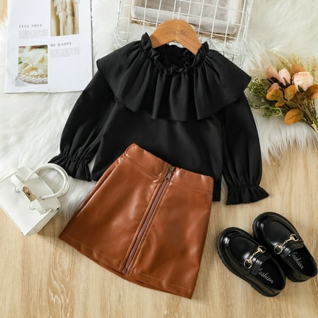 

Hunpta Toddler Kids Baby Girls Long Sleeve Ruffle T Shirt Tops PU Leather Zipper Skirts 2PCS Princess Outfits Clothes Set