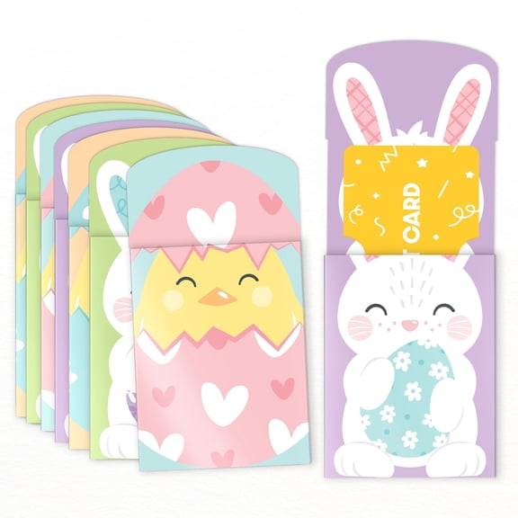Big Dot of Happiness Assorted Spring Easter Bunny Gift Card Holders with Envelopes, Easter Party Cash Money Holders and Gift Card Sleeves, Pastel Bunnies or Chicks Round Nifty Gifty Pack, Set of 8