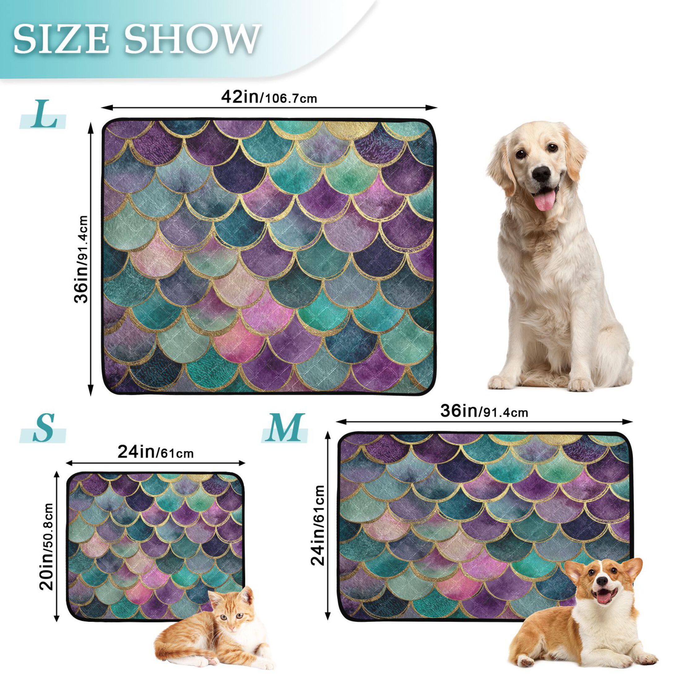 Qxltty Mermaid Scales Cat litter Pads Pet Set of 2 Diaper Mats Center Anti-leakage Layer Absorbent Soft and Comfortable