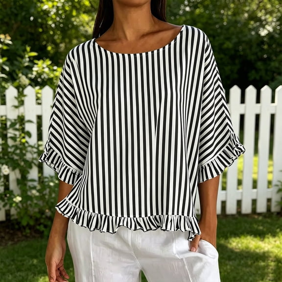 Qulqfy Casual Womens Blouse Crew Neck Short Sleeve Loose Striped Ruffle Spring Summer Trendy Boho Women's Tops Black M