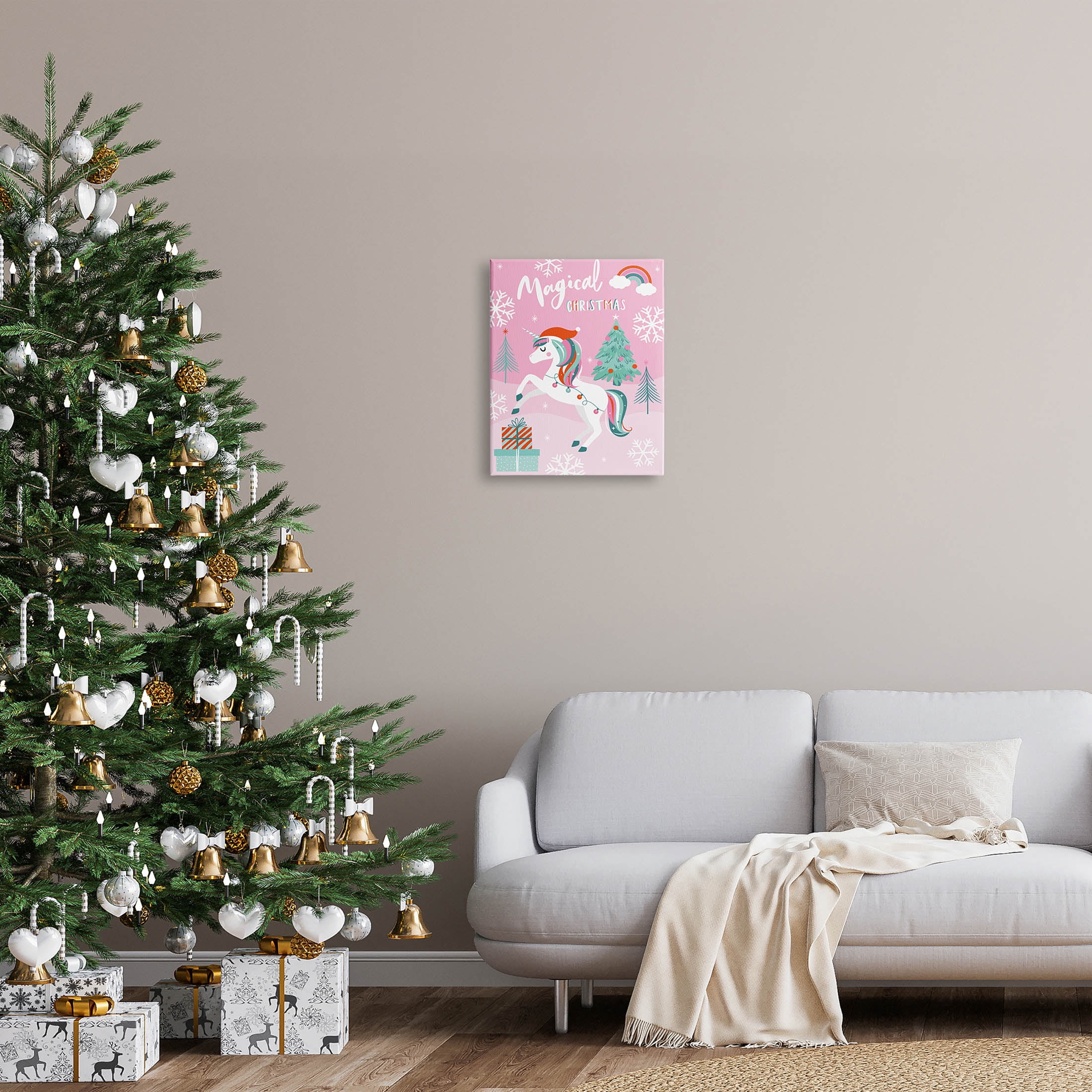 Magical Christmas Pink Unicorn Holiday Graphic Art Gallery Wrapped Canvas Print Wall Art