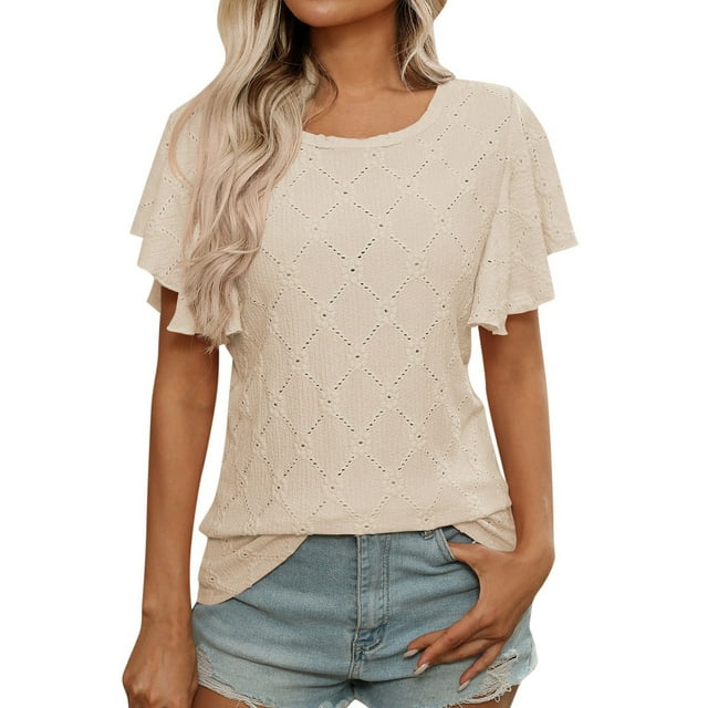 T-shirt d'Été pour Femmes avec Découpe Florale et Manches à Volants pour Tenue Décontractée